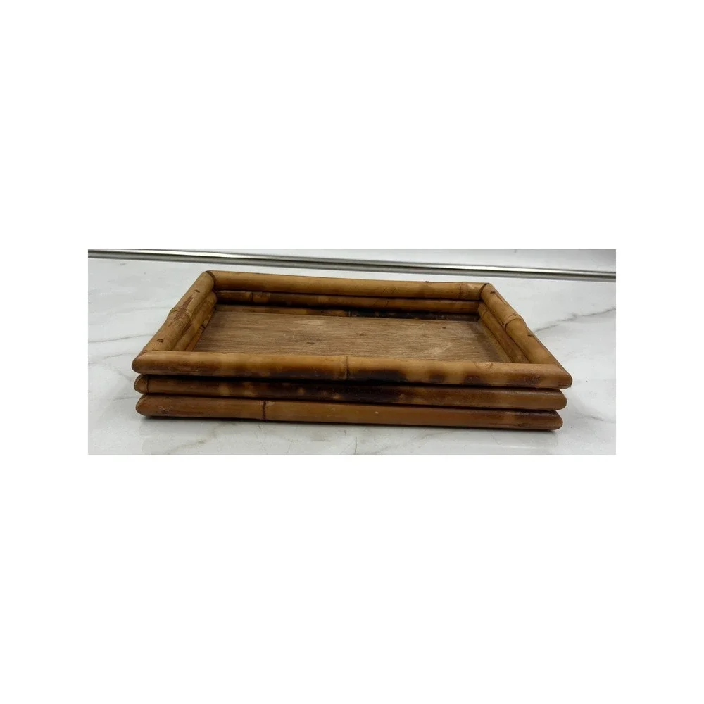Vintage Bamboo Vanity Tray Tortoise Style Wood Rectangular Small Catchall Boho